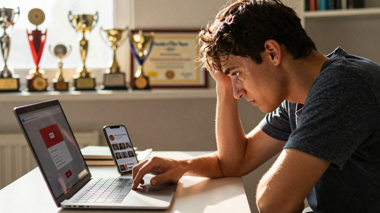 Jovem preocupado a trabalhar no computador, com telemóvel e troféus ao fundo numa mesa iluminada.