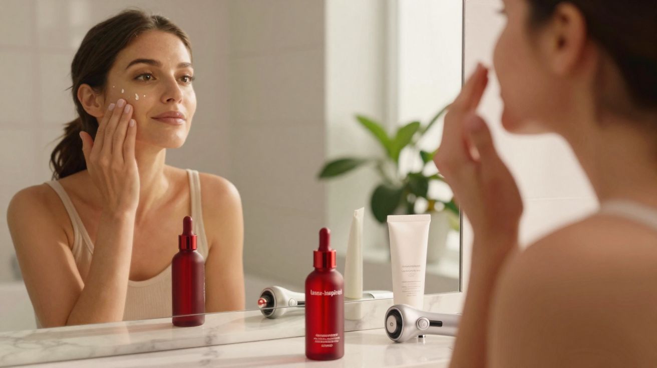 Mulher aplica creme facial junto ao espelho num ambiente doméstico com produtos de beleza sobre a bancada.