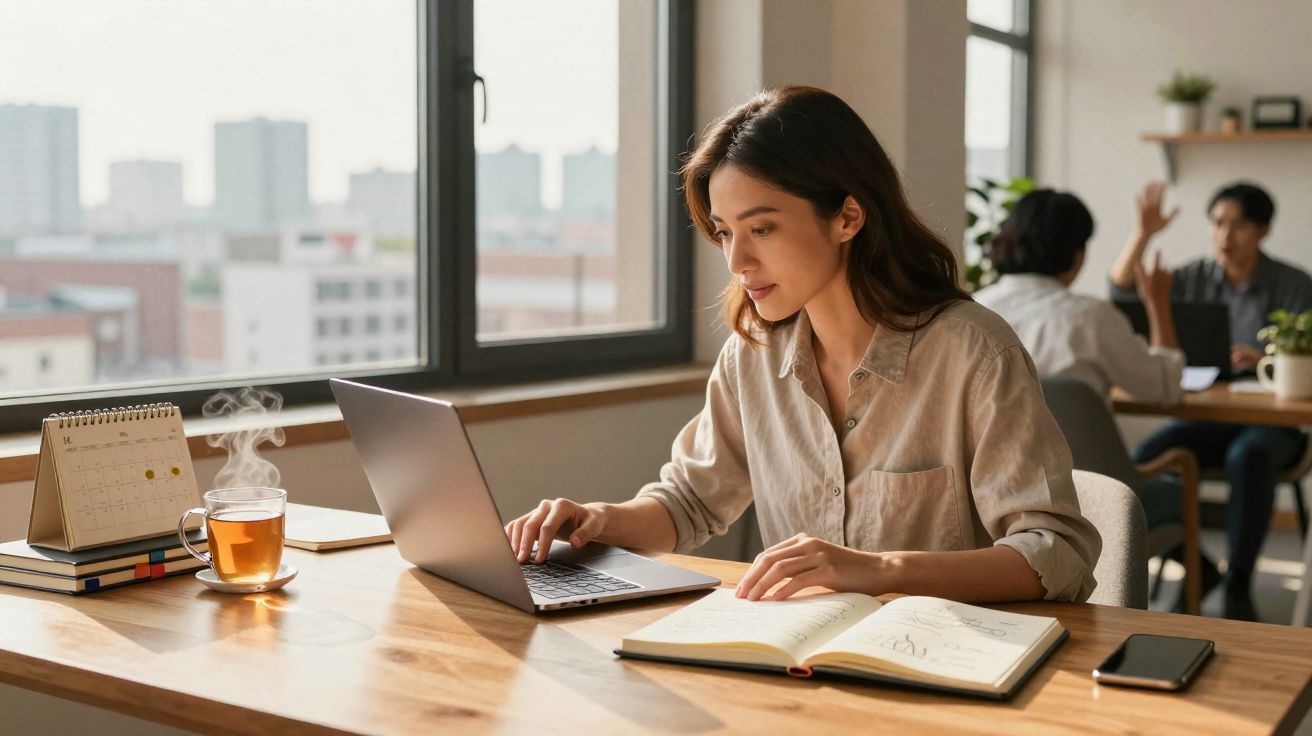 Mulher a trabalhar num portátil com chá quente e caderno numa mesa junto a uma janela luminosa de escritório.
