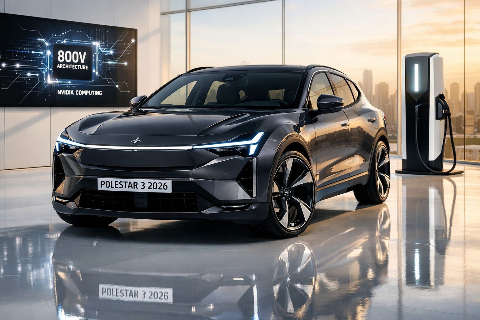 Carro elétrico Polestar 3 2026 preto num showroom com estação de carregamento e tela NVIDIA 800V.