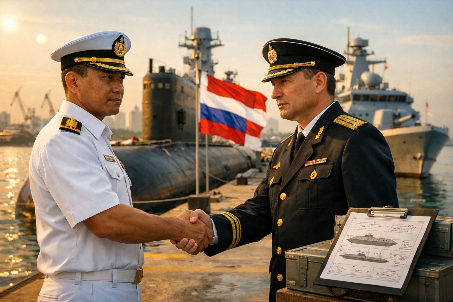 Dois oficiais da marinha apertam as mãos num porto naval com submarino e navios ao fundo.