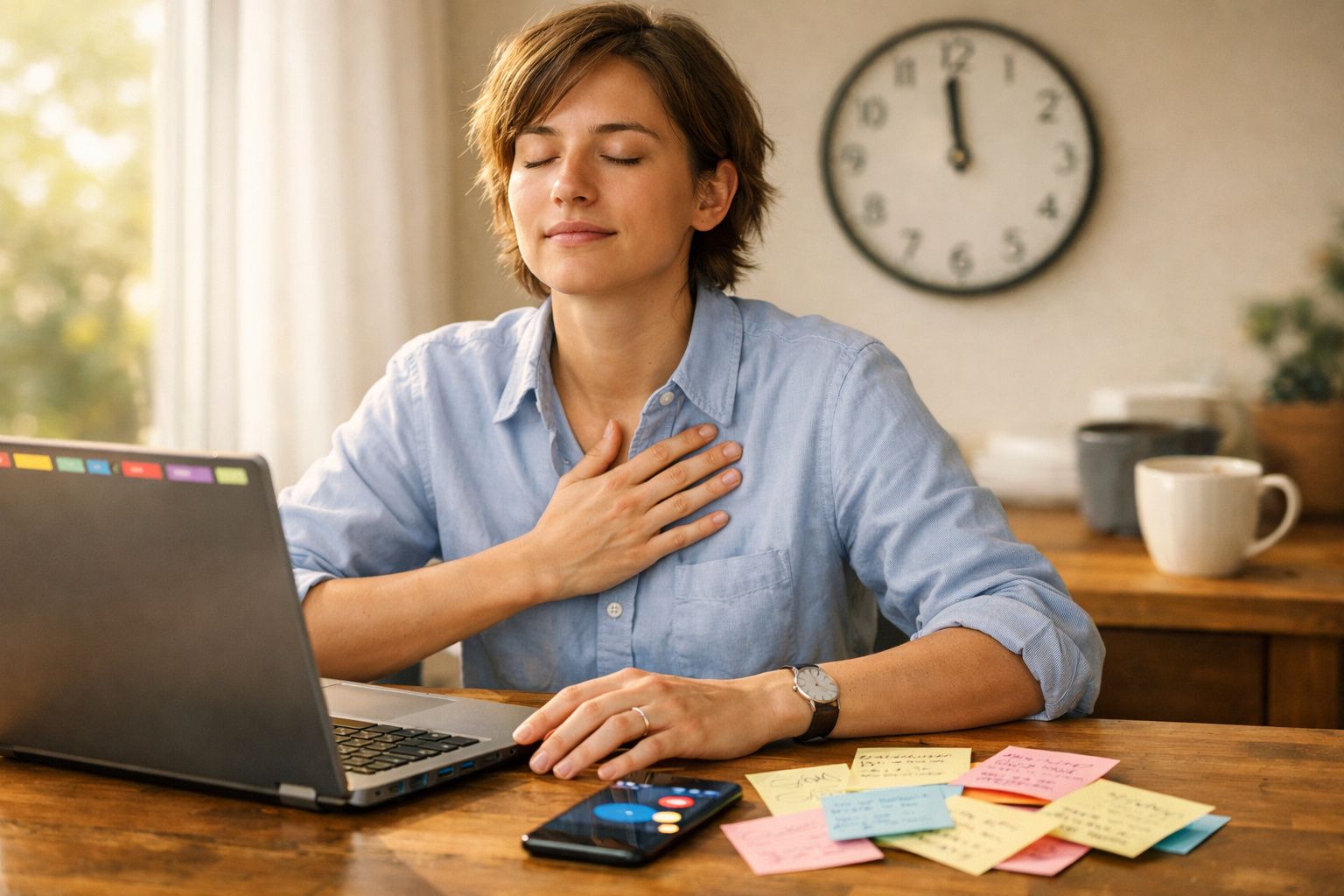 Mulher sentada numa mesa com computador, a praticar respiração profunda e atitude relaxada.