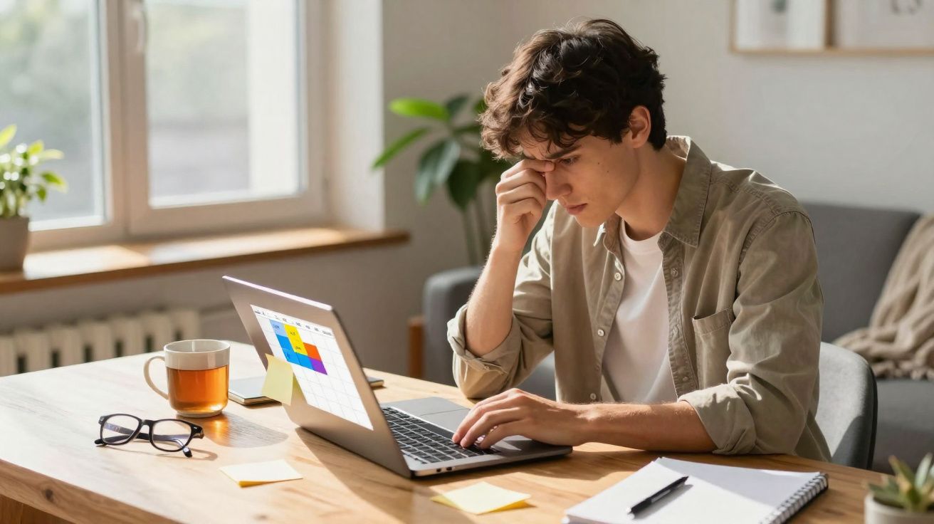 Homem jovem preocupado a trabalhar num portátil numa mesa com chá, óculos e bloco de notas.