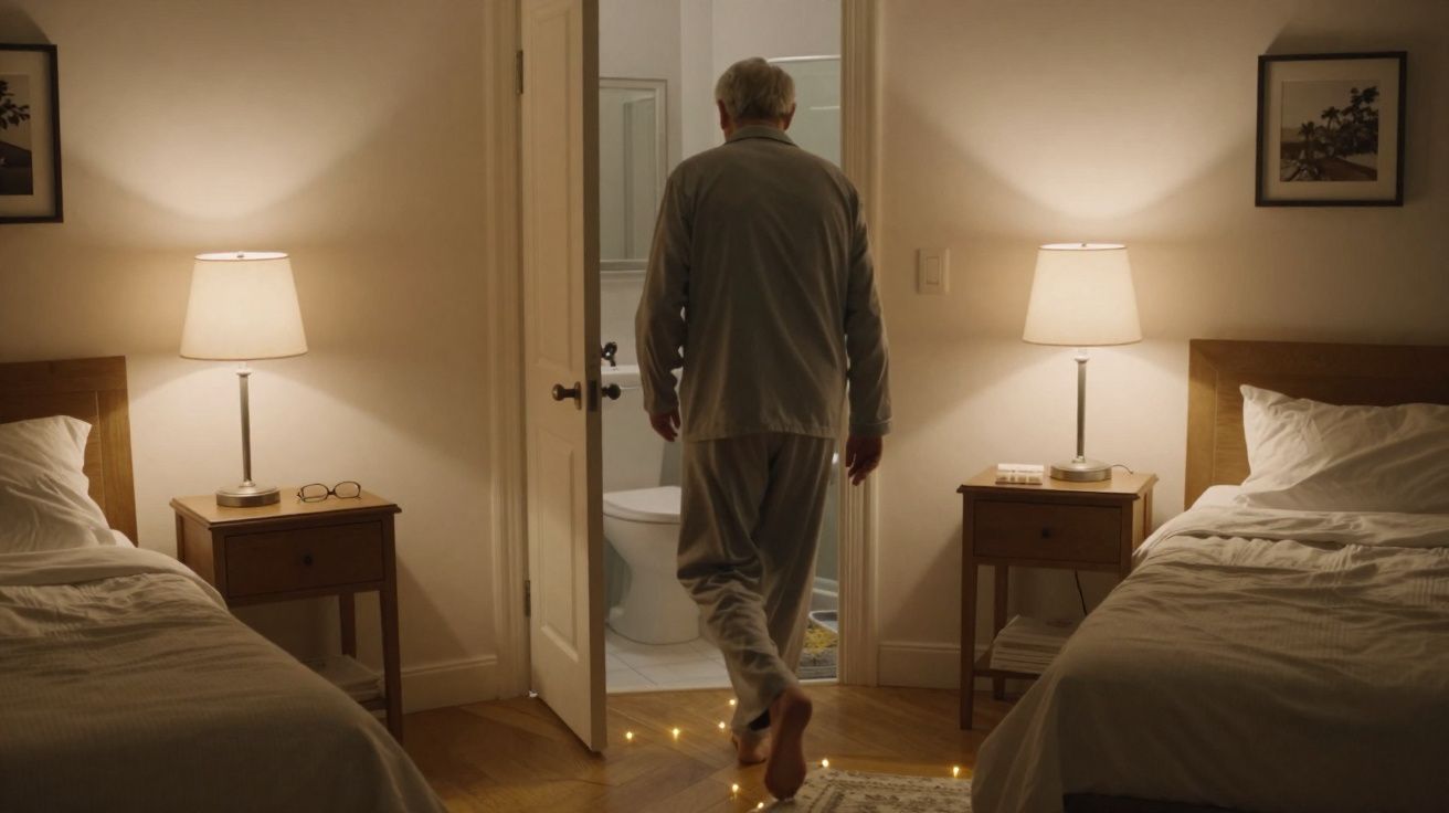 Homem idoso de pijama entra numa casa de banho entre dois quartos com camas e candeeiros acesos.