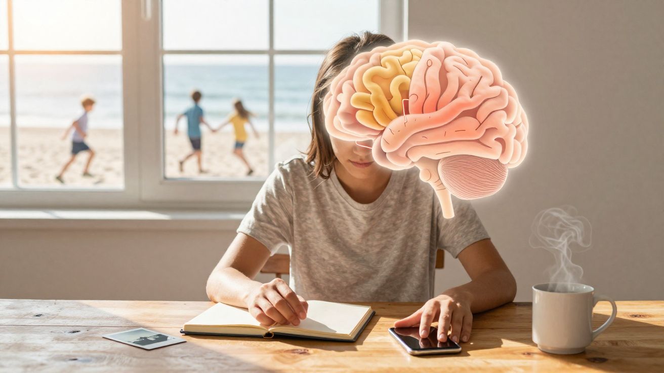 Criança sentada a estudar com cérebro ilustrado em destaque, janela com crianças a brincar ao fundo.