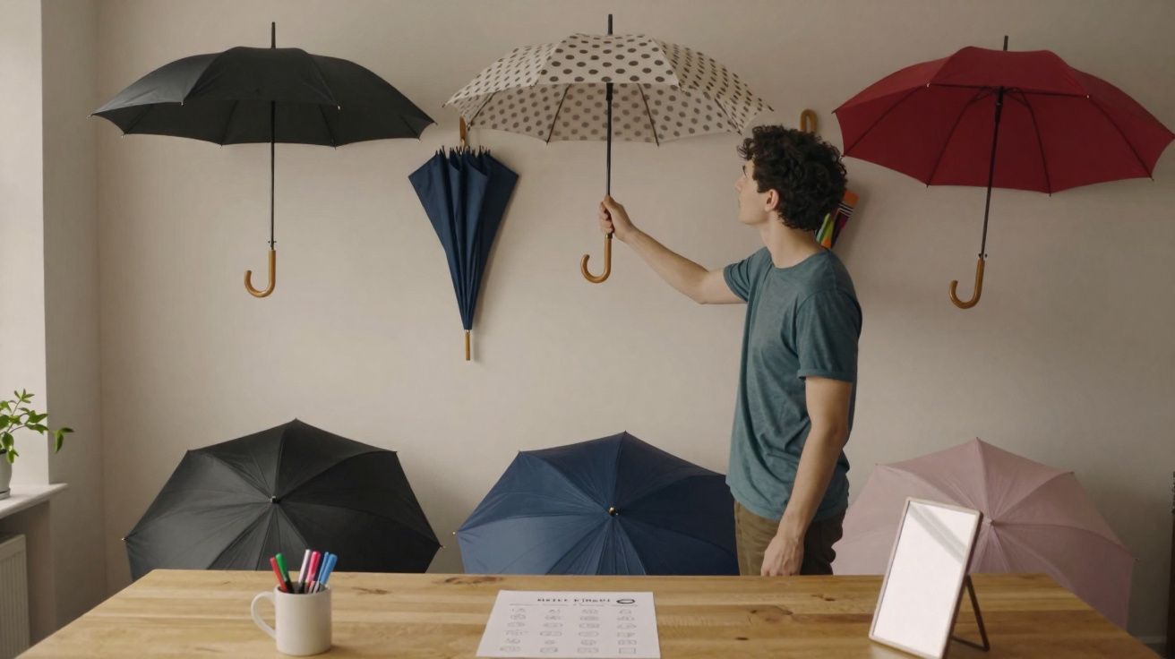 Homem dentro de uma sala a segurar um guarda-chuva bege com bolinhas, rodeado por vários guarda-chuvas coloridos.