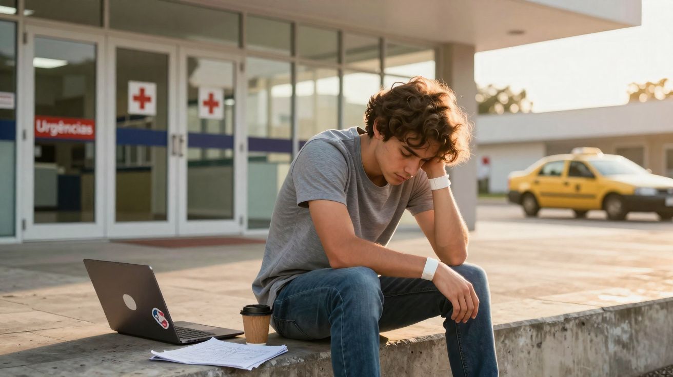 Jovem sentado à entrada de urgências, com pulso enfaixado, parecendo preocupado, com computador e papéis ao lado.