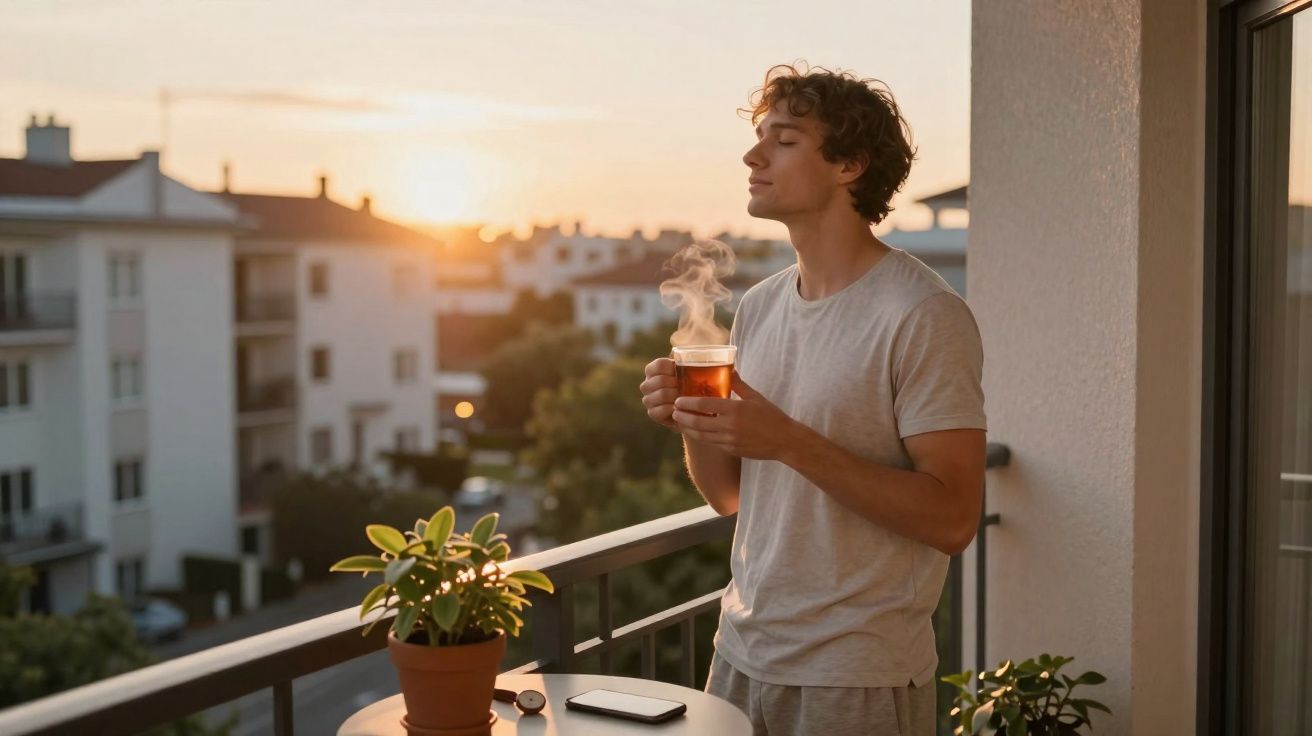 Homem jovem a desfrutar de chá quente no terraço ao nascer do sol, com expressão relaxada.