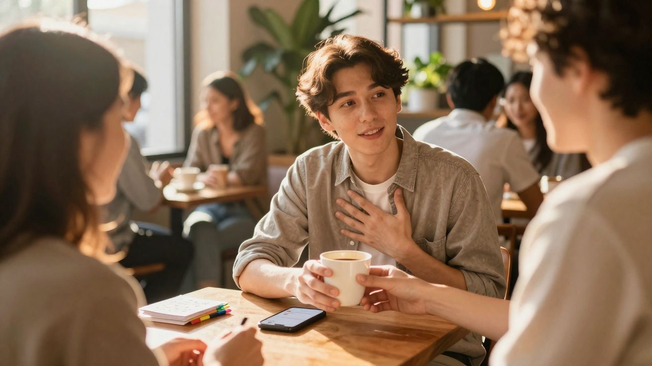 Jovem a segurar chávena em conversa numa cafeteria com amigos, ambiente iluminado e animado.