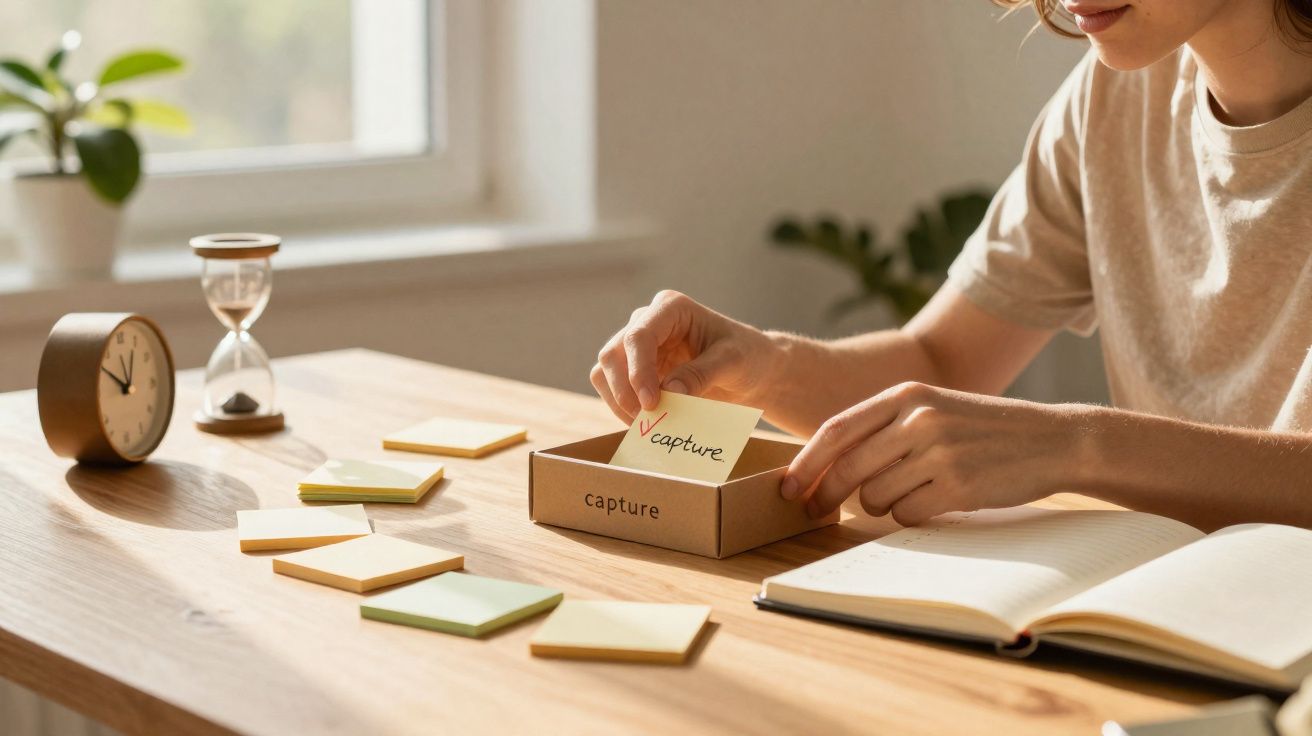 Pessoa a organizar notas autocolantes numa caixa sobre uma mesa com relógio, ampulheta e caderno aberto.