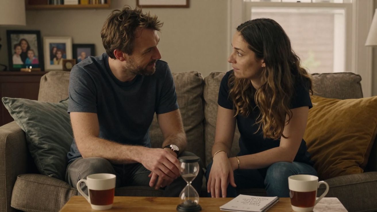 Homem e mulher conversam sentados no sofá com duas chávenas e um relógio de areia na mesa de madeira.