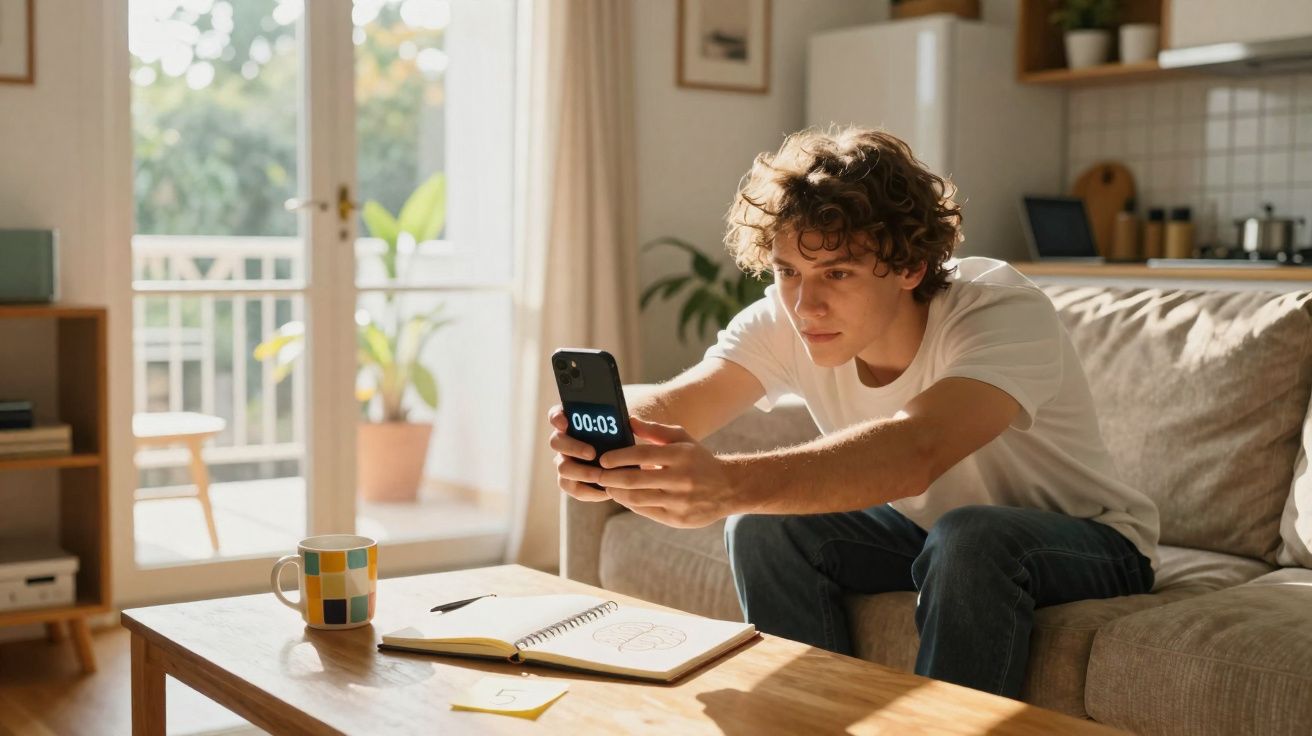Jovem sentado no sofá a tirar foto ao relógio do telemóvel com caderno e caneca na mesa de sala.