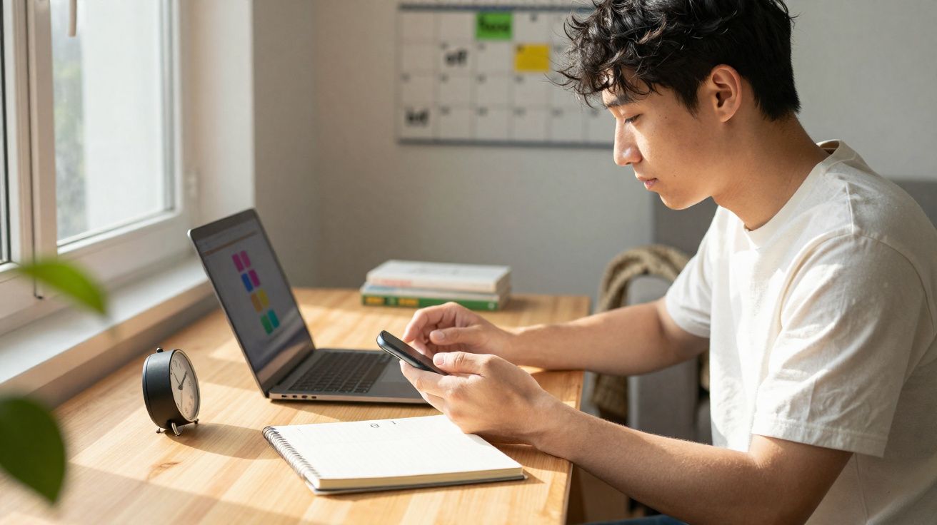 Jovem sentado numa secretária junto à janela, a olhar para o telemóvel com portátil aberto e caderno à frente.