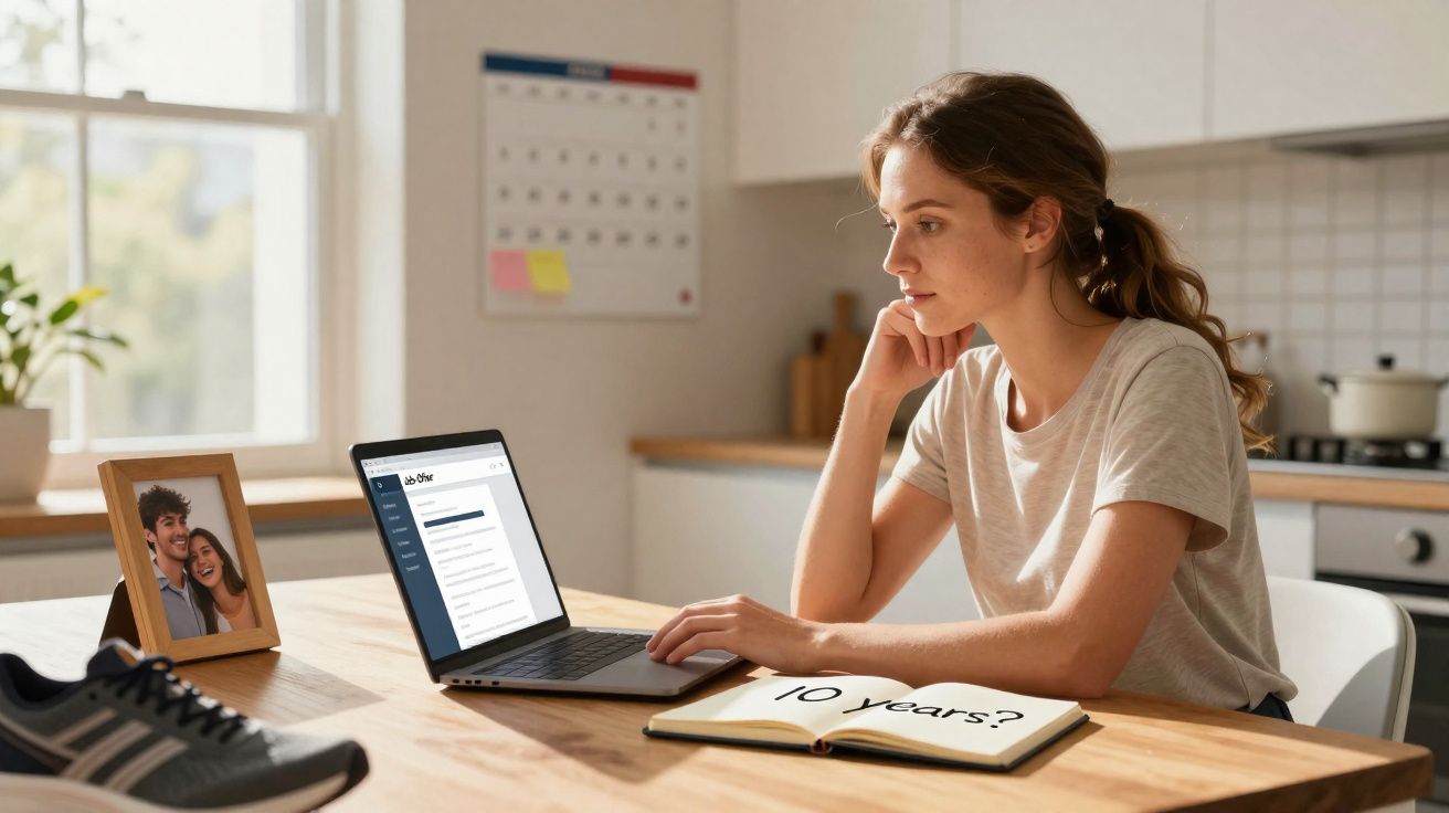 Mulher a trabalhar num portátil na cozinha, com livro aberto com texto "10 years?" na mesa.