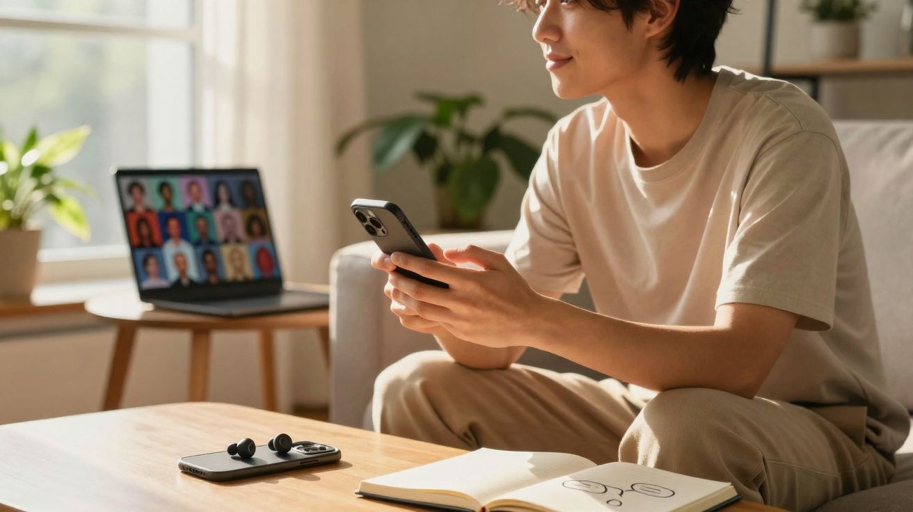 Jovem sentado no sofá com smartphone, laptop aberto em videochamada e caderno numa mesa de madeira.