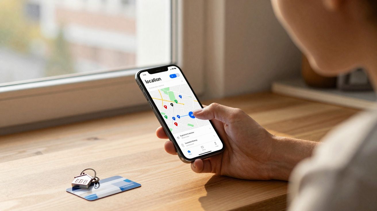 Pessoa a segurar telemóvel com mapa e pinos coloridos na aplicação de localização, em cima de mesa junto à janela.