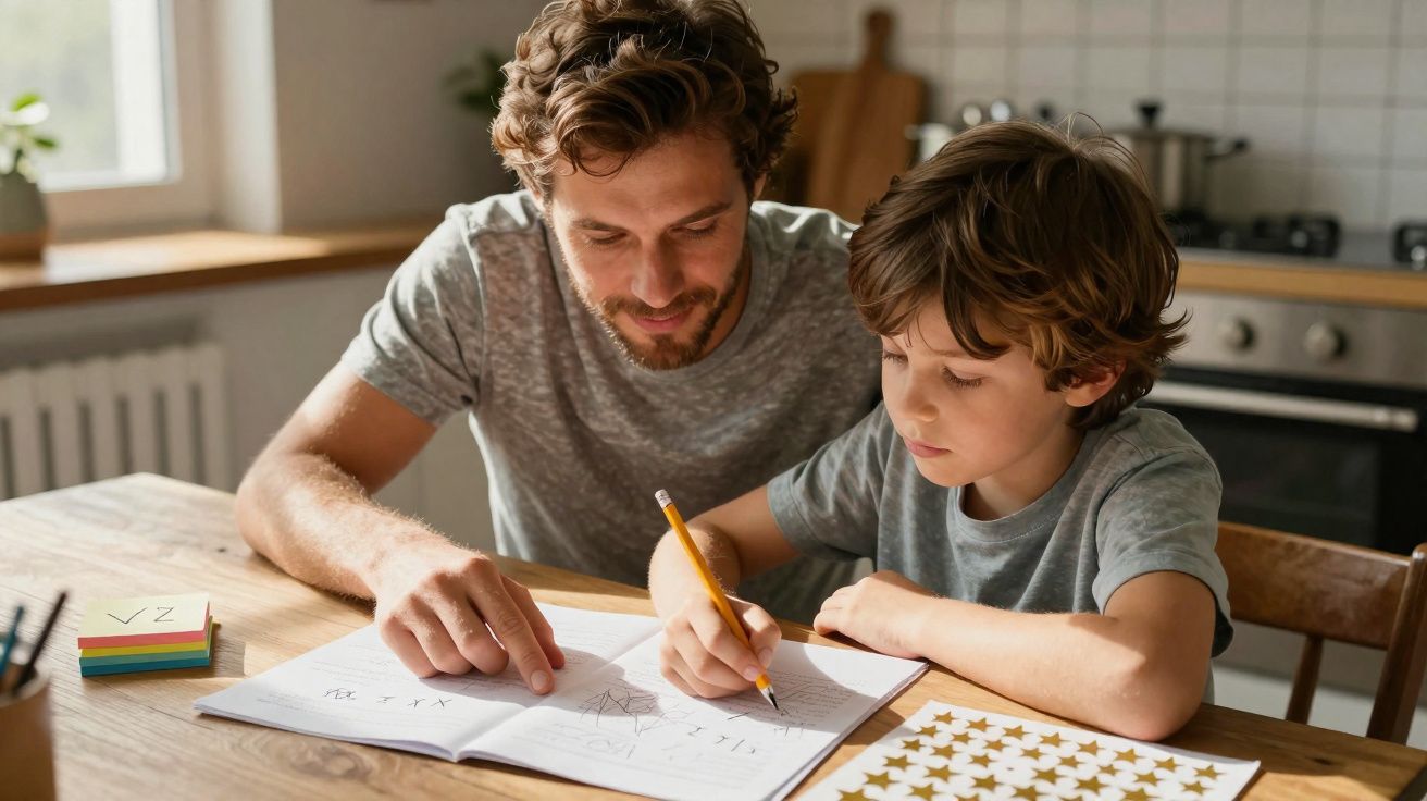 Pai ajuda filho a fazer os trabalhos de casa sentado à mesa da cozinha iluminada pela luz natural.