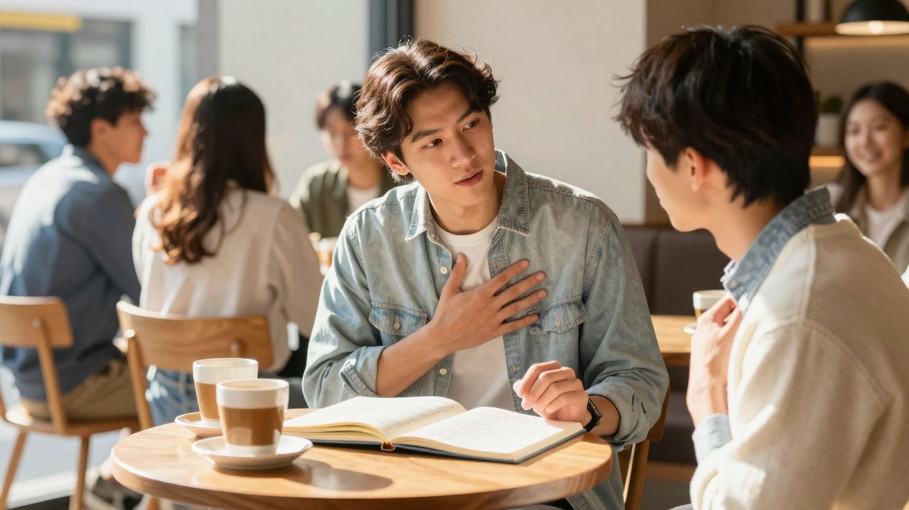 Dois jovens sentados num café, a conversar com um caderno aberto e duas bebidas na mesa.