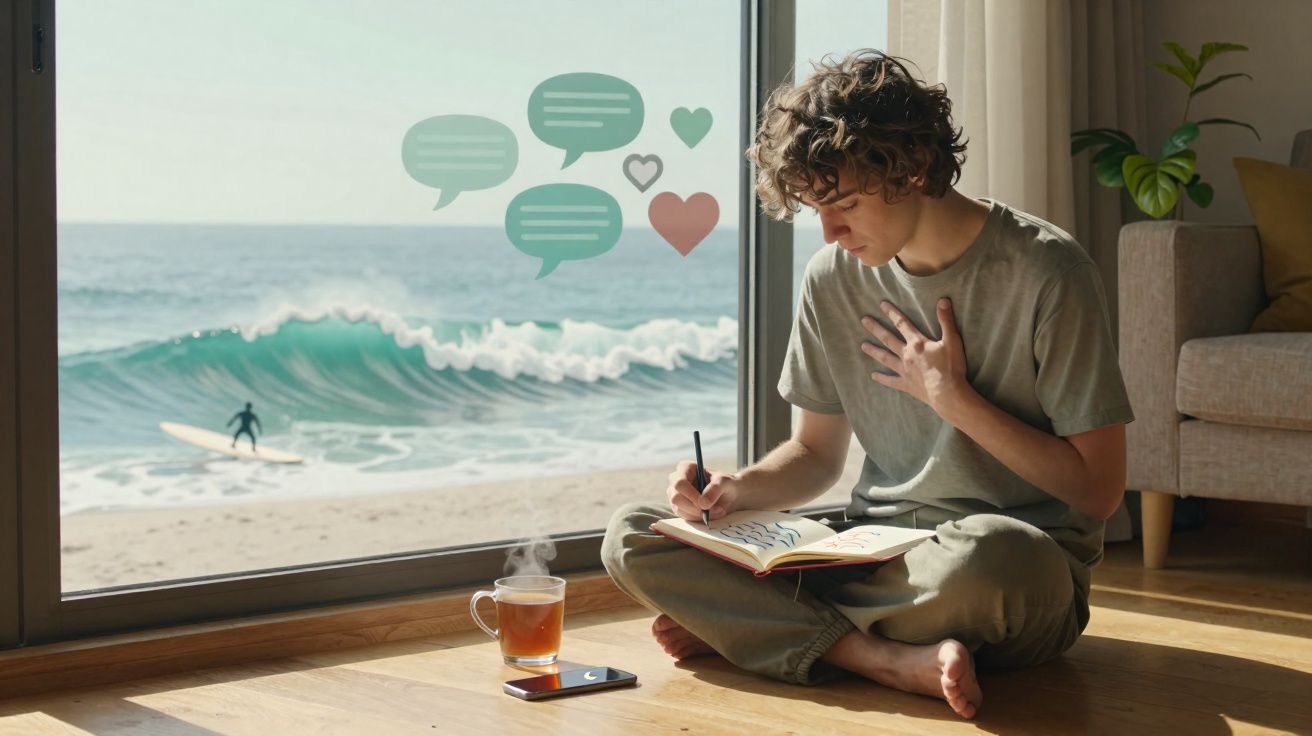 Jovem sentado no chão escreve num caderno junto a uma janela com vista para a praia e um surfista no mar.