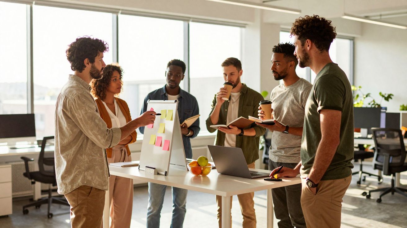 Grupo de seis pessoas numa reunião informal em escritório com quadro e computador portátil.
