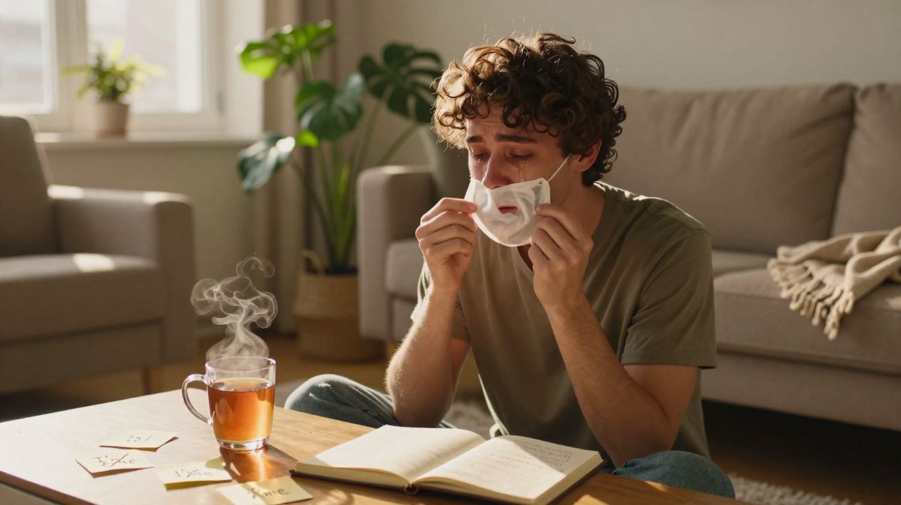 Jovem com expressão cansada retira máscara numa sala iluminada, chá quente e caderno na mesa à frente.