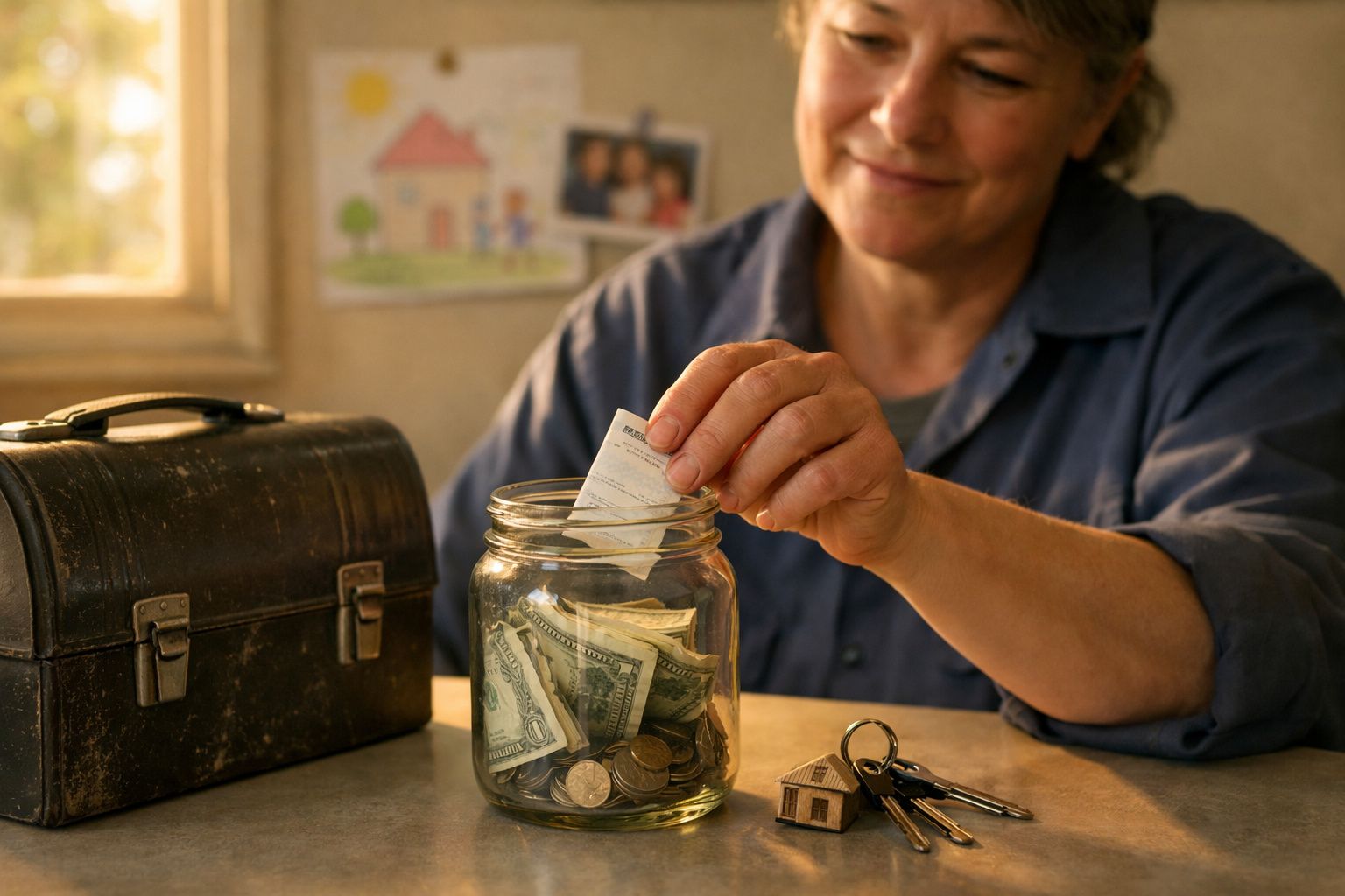 Pessoa a colocar um papel num frasco com dinheiro, ao lado de um mealheiro metálico e um chaveiro com miniatura de casa.