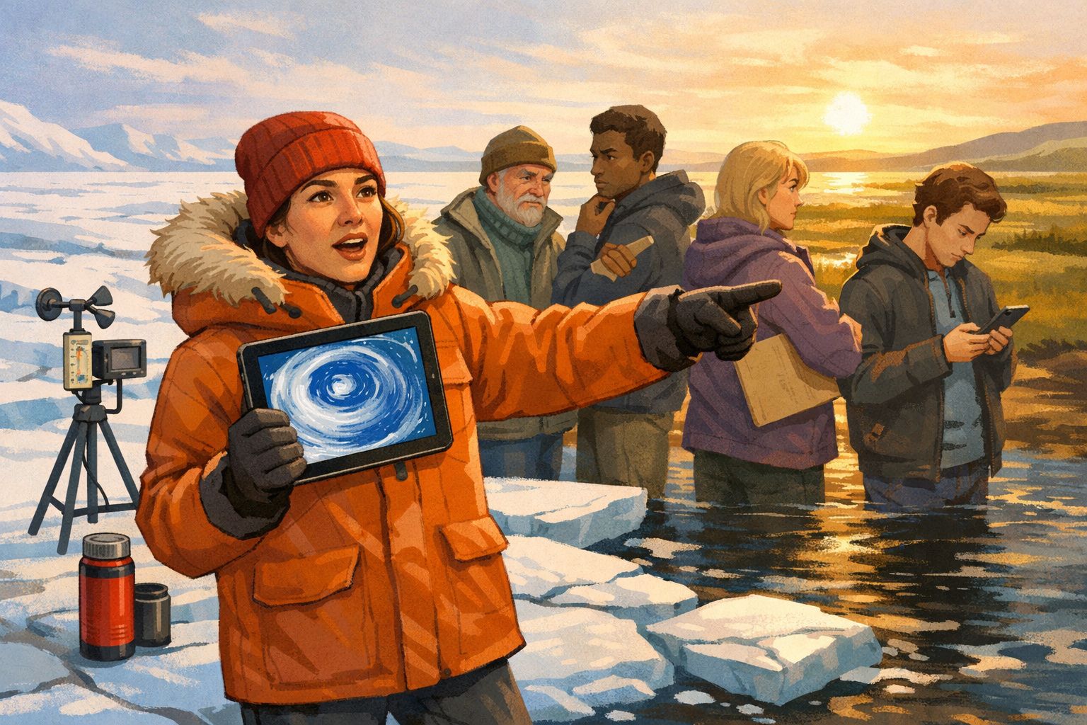 Personagem com casaco laranja e tablet aponta para o horizonte enquanto grupo observa e estuda a natureza gelada.